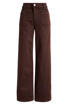 Inspired by '70s styles, these casual-chic palazzo jeans are made from dyed stretch denim with full-length wide legs and patch pockets in front. 30 1/2" inseam; 21" leg opening; 11 1/2" front rise; 14" back rise (size 29) Zip fly with button closure Front patch pockets; back patch pockets 92% cotton, 6% polyester, 2% elastane Machine wash, dry flat Made in Turkey Brown Wide Leg Jeans Outfit, Jeans Dark Academia, Pants Dark Academia, Light Brown Jeans, Academia Wardrobe, Campus Fashion, Palazzo Jeans, 70s Jeans, Brown Outfits