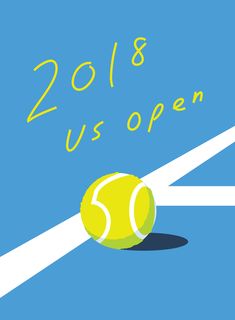 a yellow tennis ball on a blue court with the words us open written across it