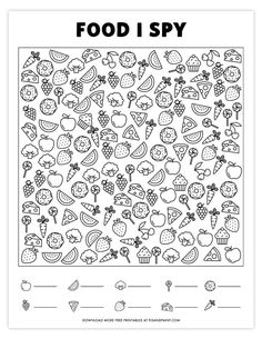 a coloring page with food i spys in black and white on the bottom right corner