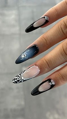 Corpse Bride Nails Inspired, Dark Blue Spooky Nails, Airbrush Halloween Nails, Nail Ideas Almond Blue, Blue And Black Halloween Nails, Black And Blue Halloween Nails, Almond Acrylic Nails Halloween, Aura Halloween Nails, Spooky Gel X Nails