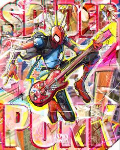 spider - man plays the guitar in front of an advertisement for pum's new album