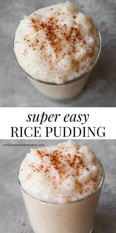 two glasses filled with rice pudding and topped with cinnamon sprinkles on top