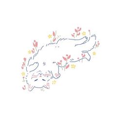 a drawing of a cat laying on its back with flowers around it's neck