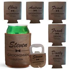 six groomsmen can coolers and bottle opener with matching leather labels for each one