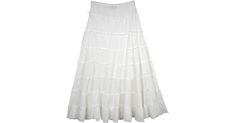 A cool everyday summer fun skirt in angelic white, ankle length, this skirt is divided into eight tiers with slight gathers on them. The tiered layers have an unfinished hem and the skirt is lined up to the knee in cotton fabric as well. The fabric has crushed effect and the skirt is fully flared that flows with you as you move. This is a cool long skirt to wear on a beach or cruise vacation. You can wear this simple skirt casually in the summer season and pair it with a solid or embellished top Solid Color Tiered Skirt For Summer, White Tiered Maxi Skirt For Spring, White Tiered Skirt With Gathered Details, White Ruffle Hem Long Skirt, Casual White Maxi Skirt With Ruffles, Tiered Gathered Skirt In Solid Color, White Tiered Gathered Maxi Skirt, Solid Color Tiered Gathered Skirt, White Maxi Skirt With Ruffle Hem