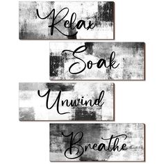 three canvases with the words relax, soak, mind and breathe on them