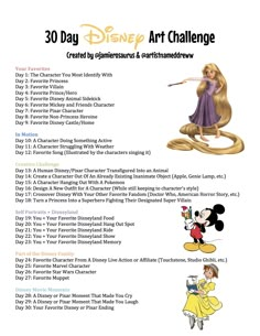 the 30 day disney art challenge is shown in this graphic form, which includes an image of