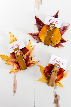 three thanksgiving turkeys made out of leaves with name tags on their heads and eyes