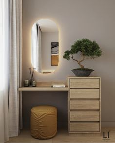 a small bonsai tree in a pot on top of a dresser next to a mirror