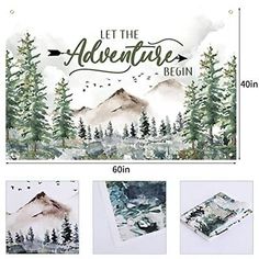 an image of a mountain scene with trees and mountains on it, along with the words'let the adventure begin '