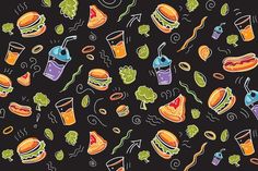 a bunch of food that is on a black background with different colors and shapes in it