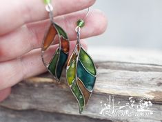 Stained Glass Earrings Dangle Earrings Lightweight Earrings Color Glass Leaf Earrings Forest Jewelry Leaf Elven Jewelry - Etsy Stained Glass Jewellery, Stain Glass Earrings, Stain Glass Jewelry, Small Stained Glass Projects, Stained Glass Leaves, Stained Glass Necklace, Forest Jewelry, Stained Glass Earrings, Elven Jewelry