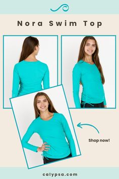 Check out this long sleeve rash guard that's just perfect for coverage and protection. With a round neckline and side ruching for a cute cinched look, this swim top will make you feel comfy and relaxed on all your beach activities! Shop now and follow Calypsa for more modest long sleeve swim tops! Beach Activities, Swim Dress, Large Bust, Swim Top, Rash Guard