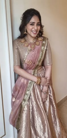 Half Saree Designs South Indian, Sarees South Indian, Reception Outfit, Indian Sari Dress, Bridal Sarees South Indian, Long Gown Design, Half Saree Lehenga, Wedding Lehenga Designs, Marriage Ideas