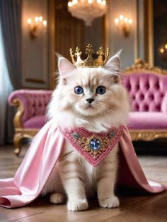 a cat wearing a tiara and sitting on the floor in front of a pink couch