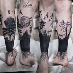 two men with trees and birds on their legs