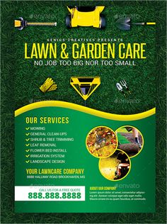 a green lawn care flyer with tools on it