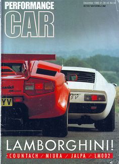 a magazine cover with two sports cars on the front and one in the back, which reads performance car