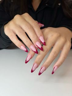 Cherry Red French Tip Nails Almond, Long Almond Red French Tip Nails, Red French Cherry Nails, French Almond Tips, French Tip Cherries, Cherry Red Tip Nails, Almond Nails With Red French Tip, Cherry Red Nails With Design, Dark Red And Pink Nails