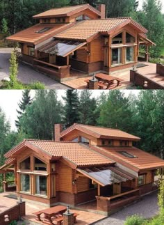 two pictures of a wooden house in the woods