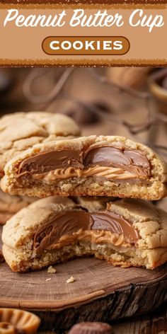 peanut butter cup cookies are stacked on top of each other