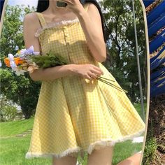 Plaid Yellow Kawaii Dolly Nymphette Summer Picnic Dress with ruffles along hem and an open back.       ColorYellow       SizeSML       Size referenceUnitcm        SizeS: Length 80, bust 86          Size M: Length 81,bust 90         Size L: Length 82, bust 94 Summer Picnic Dress, Yellow Kawaii, Y2k Fashion Aesthetic, Y2k Aesthetic Fashion, Dolly Dress, Yellow Clothes, Mori Girl Fashion, Elegant Jacket, Aesthetic Dress