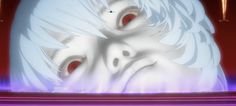 two white cats with red eyes are in front of a blue and purple background that is lit up