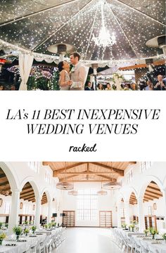 the inside of a wedding venue with lights and chandeliers