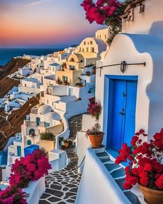 an alley way with flowers and potted plants next to the ocean at sunset in oia, kaua'i