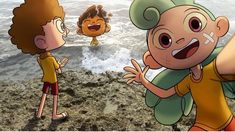 two cartoon characters are standing on the beach and one is pointing at another character in front of them