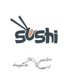 sushi logo with chopsticks and the word sushi written in black on a white background