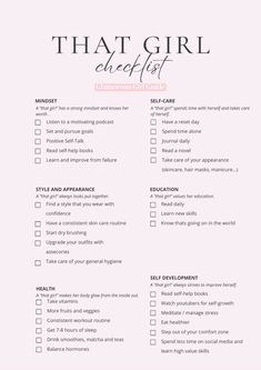 try this aesthetic that girl checklist to become the best version of yourself!! / self improvement, that girl aesthetic, self development, that girl routine, personal growth, that girl wallpaper, how to become that girl, best self, highest sef, self care, selfcare, personal development, goals inspiration, mindset quotes, health, education, self love, affirmations, glow up, glow up checklist, glow up tips Healthy Activities For Adults, Healthy Things To Do Everyday, Getting Your Life Together Checklist, Pamper Routine, Bedroom Nook, Practicing Self Love, Ideal Life, Writing Therapy