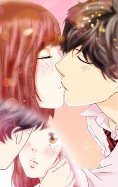 two people kissing each other in front of a pink background with stars and sparkles