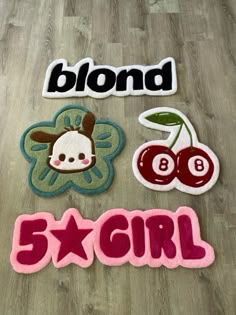 the word blond is spelled out in different font styles and colors, including cherries