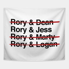 the names of four different people in black and red on a white wall hanging tapestry