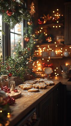 a kitchen counter topped with cookies next to a christmas tree filled with ornaments and lights