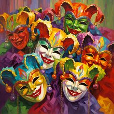 an oil painting of colorful carnival masks