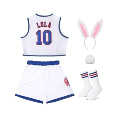 a white basketball uniform with bunny ears on the head, and two pairs of socks