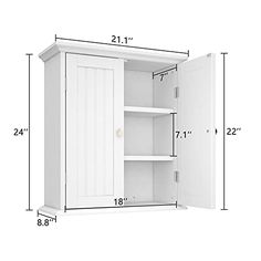 an open cabinet with measurements for the door and shelves on each side, including height