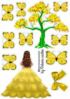 the paper doll has yellow butterflies and a tree