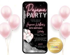 an image of a birthday party with pink balloons and sparkles on the phone screen