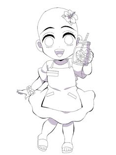 a cartoon girl holding a jar and a flower in her hand, while wearing an apron