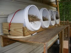 several white buckets with straw in them sitting on a wooden shelf next to a building