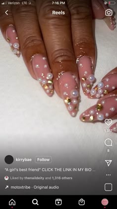 Nails With Gold Beads, Gel X Nail Designs With Charms, Pearl Nails Black Women, Pearl Junk Nails, Vacation Birthday Nails, Almond Birthday Nails Designs, Oval Nail Inspo Acrylic, Pearls Nails Design, Rhinestone Birthday Nails