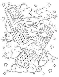 two cell phones flying in the sky with stars and clouds around them, one is black and white