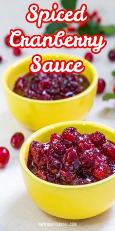 two yellow bowls filled with cranberry sauce