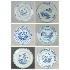 four blue and white plates with designs on them