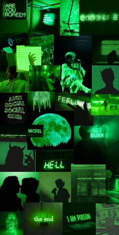 a collage of images with green and black lighting