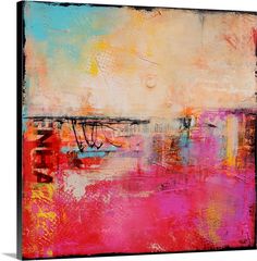 an abstract painting with pink, yellow and blue colors on the canvas framed in black frame