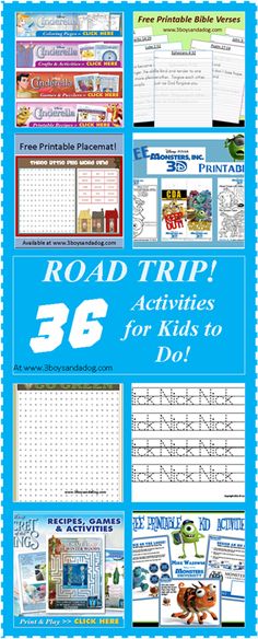 the road trip activities for kids to do with pictures and text, including free printables